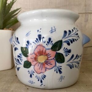 Vintage Planter Hand-Painted Pink And Blue Floral Vase Or Utensil Holder
